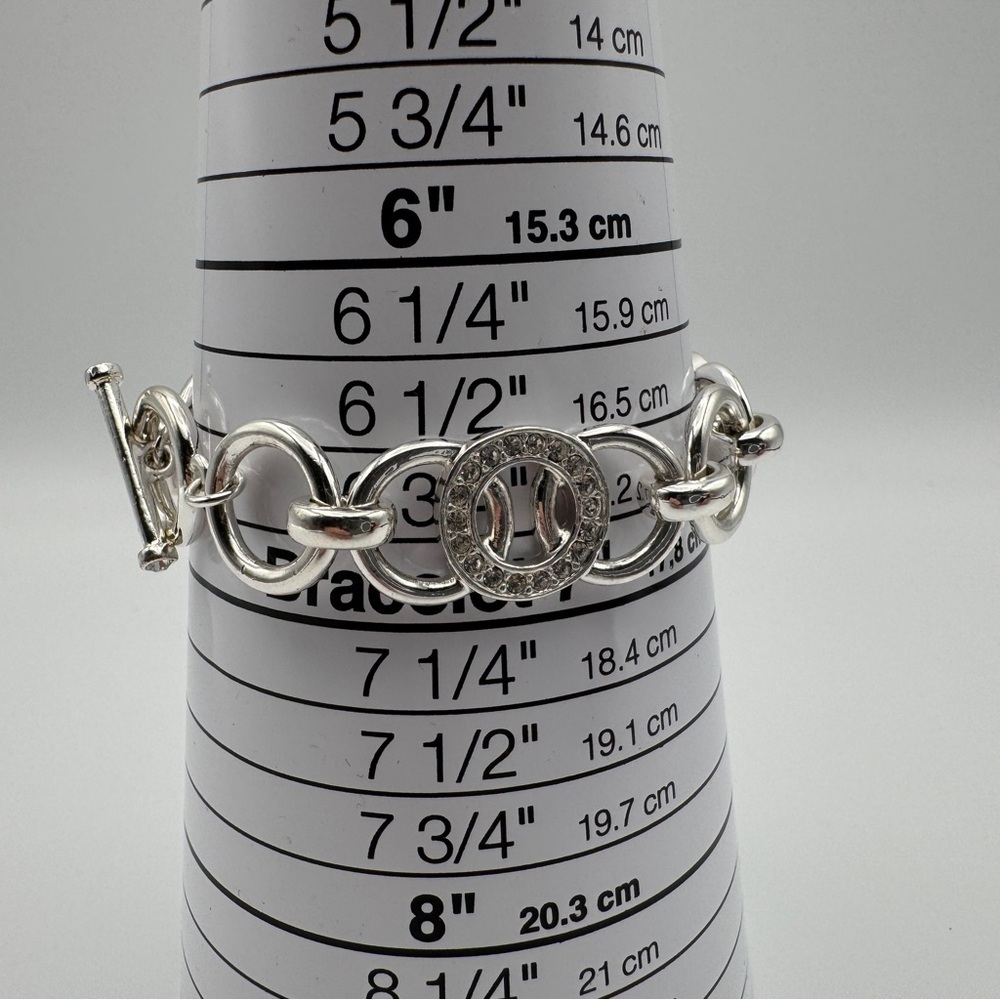 Silver Toggle Bracelet 6.75” Circle Links with Rhinestones - Picture 4 of 5